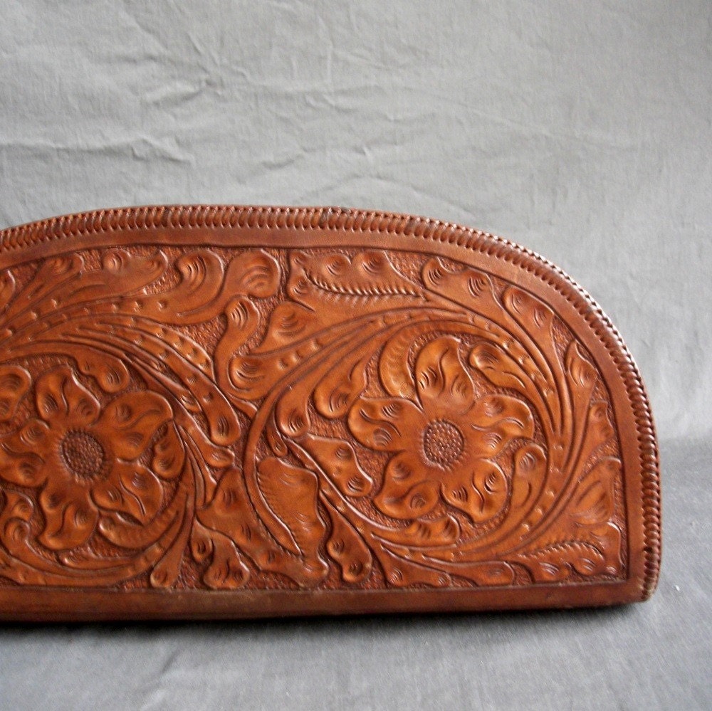 40s Hand Tooled Clutch. Oversize. Floral. Crescent.