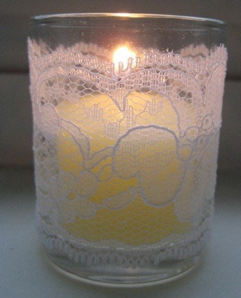 Lace Wraped Votive Candleholders and 10 Hour Candles for Wedding or Party