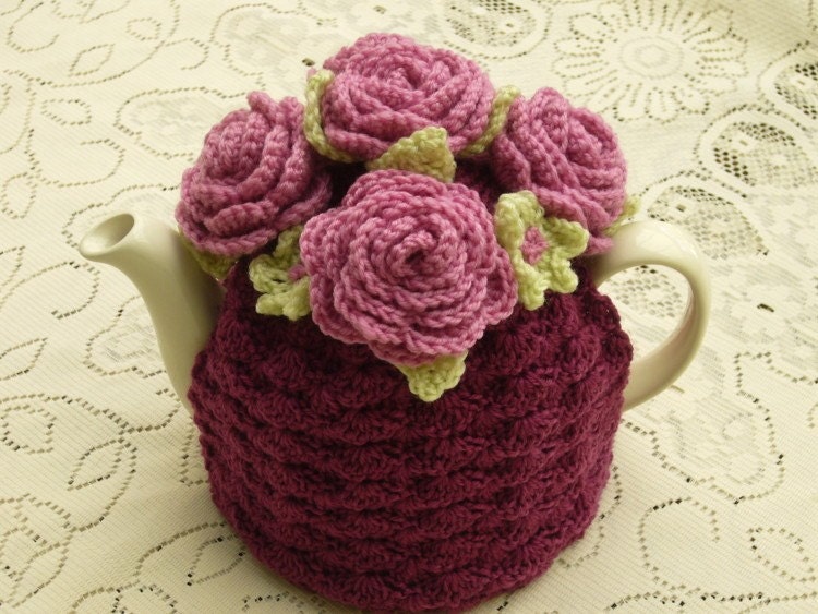 Crochet Tea Cosy/Cosie Plum with Roses (Made to order)