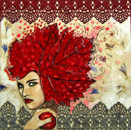 Original collage - Miss Autumn - 8x8 inches, acrylics, handmade paper, lace, flower pressings on canvas