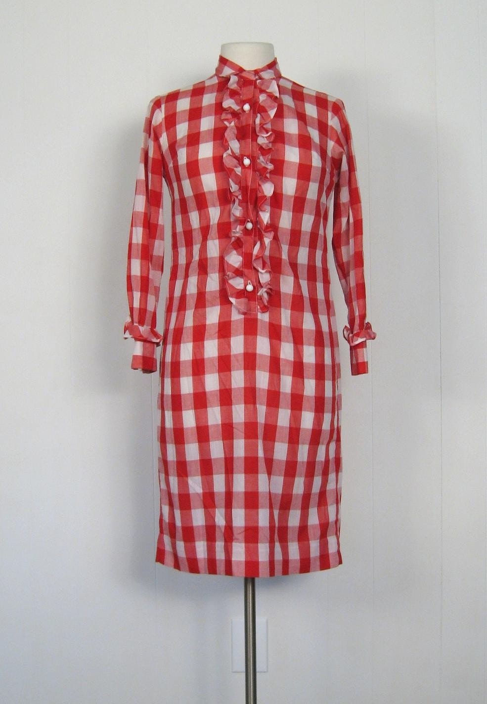 Vintage 1960s Red GINGHAM Ruffles Picnic Dress S