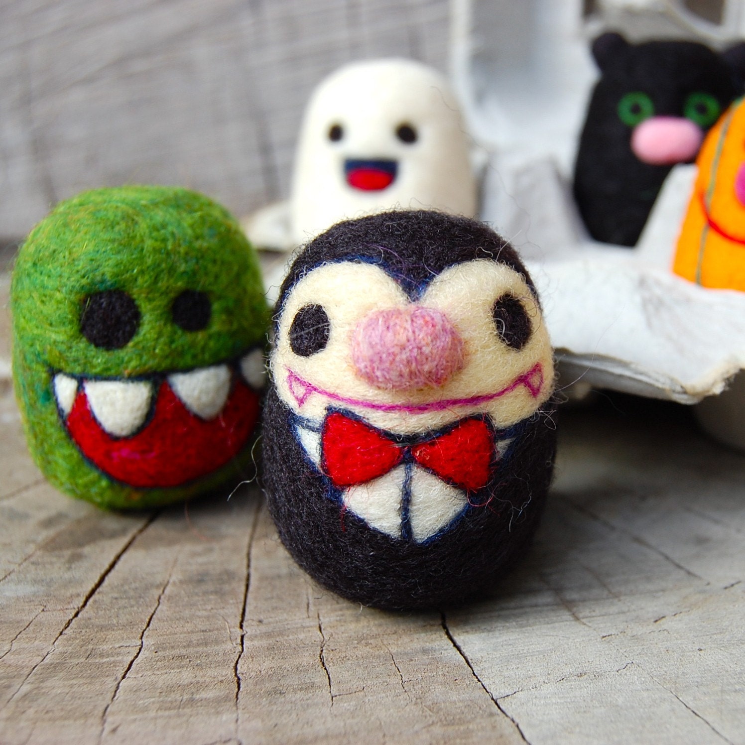 Spooky and Creepy Cute Felted WOOLY Egg Toys SET 1 MADE TO ORDER