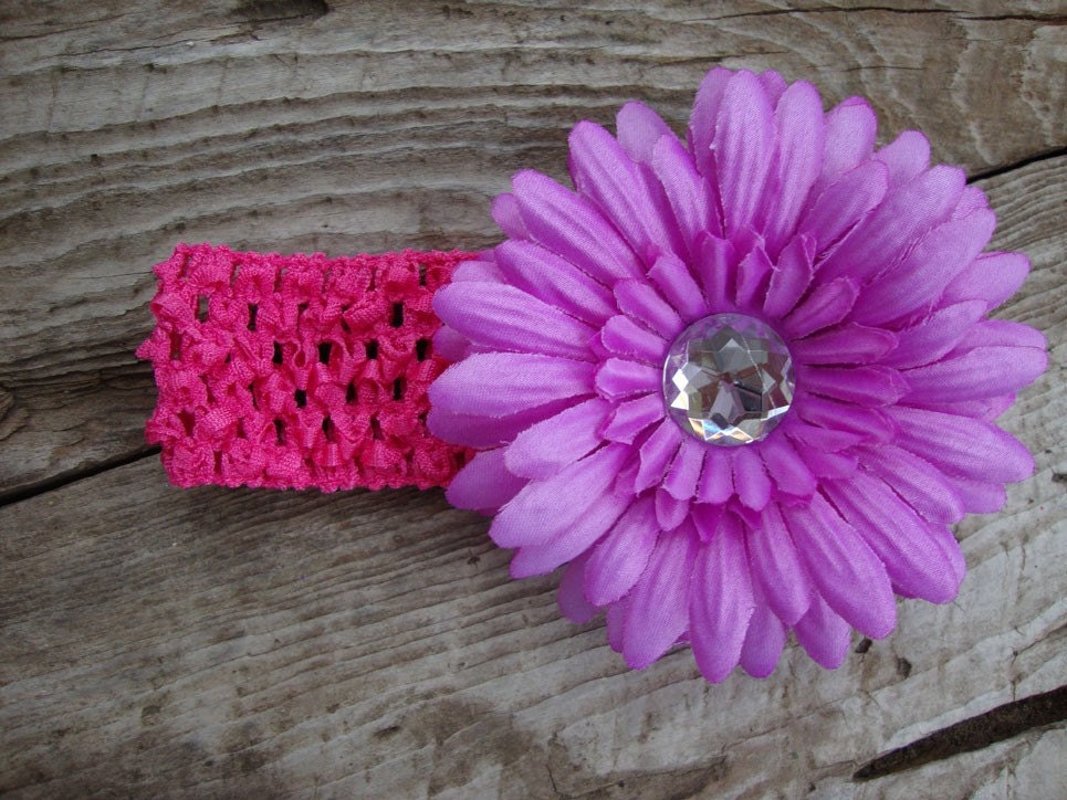 Sassy Children's Pink Crocheted Headband With Purple Jewel Flower