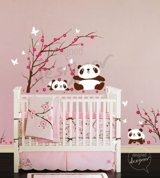 Kid Vinyl Wall Sticker Decal Art- Lovely Pandas Having Fun in Cherry Blossom Field - dd1029
