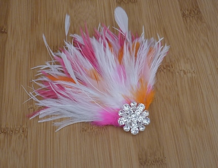 Pink and Orange Feather Fascinator with Rhinestones