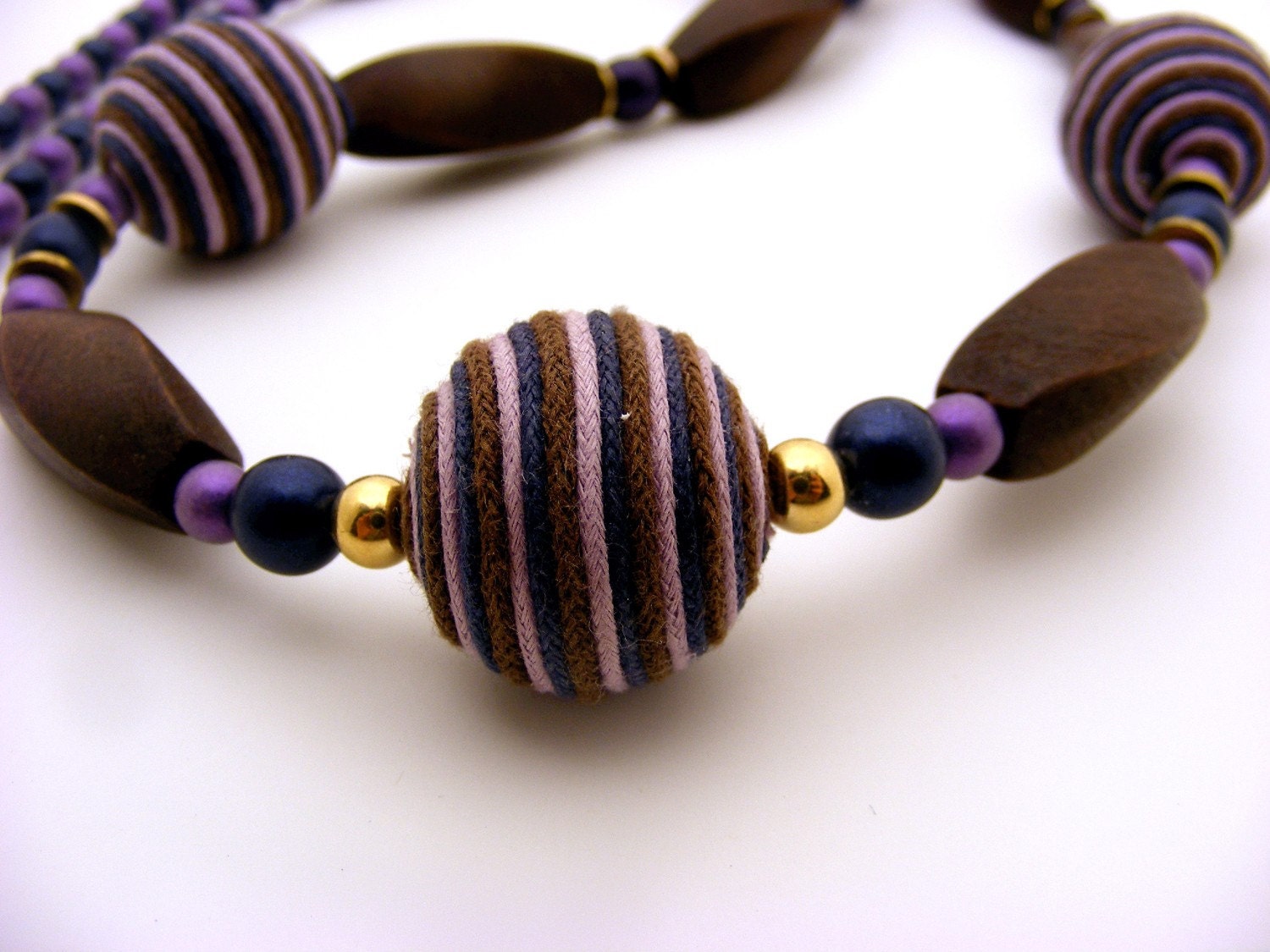 Long navy and purple frosted glass and wood necklace