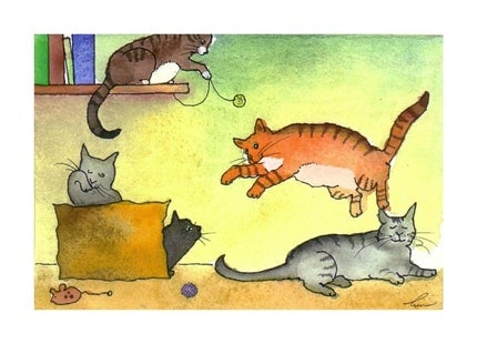 Funny Cat Watercolor Card Print/ Kitty Playtime
