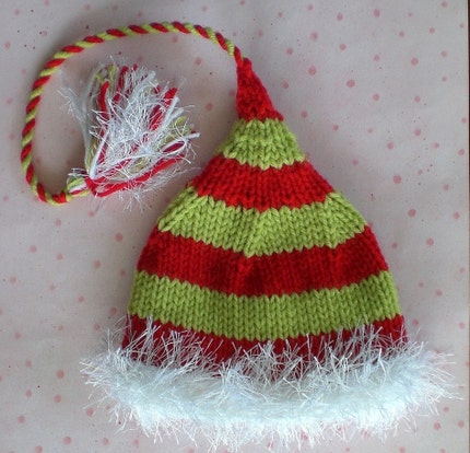 Funky Newborn Baby - CHRISTMAS TOY MAKER HAT- red and lime green striped with white Fuzzy Brim, Tail and Tassle - Knit to Order