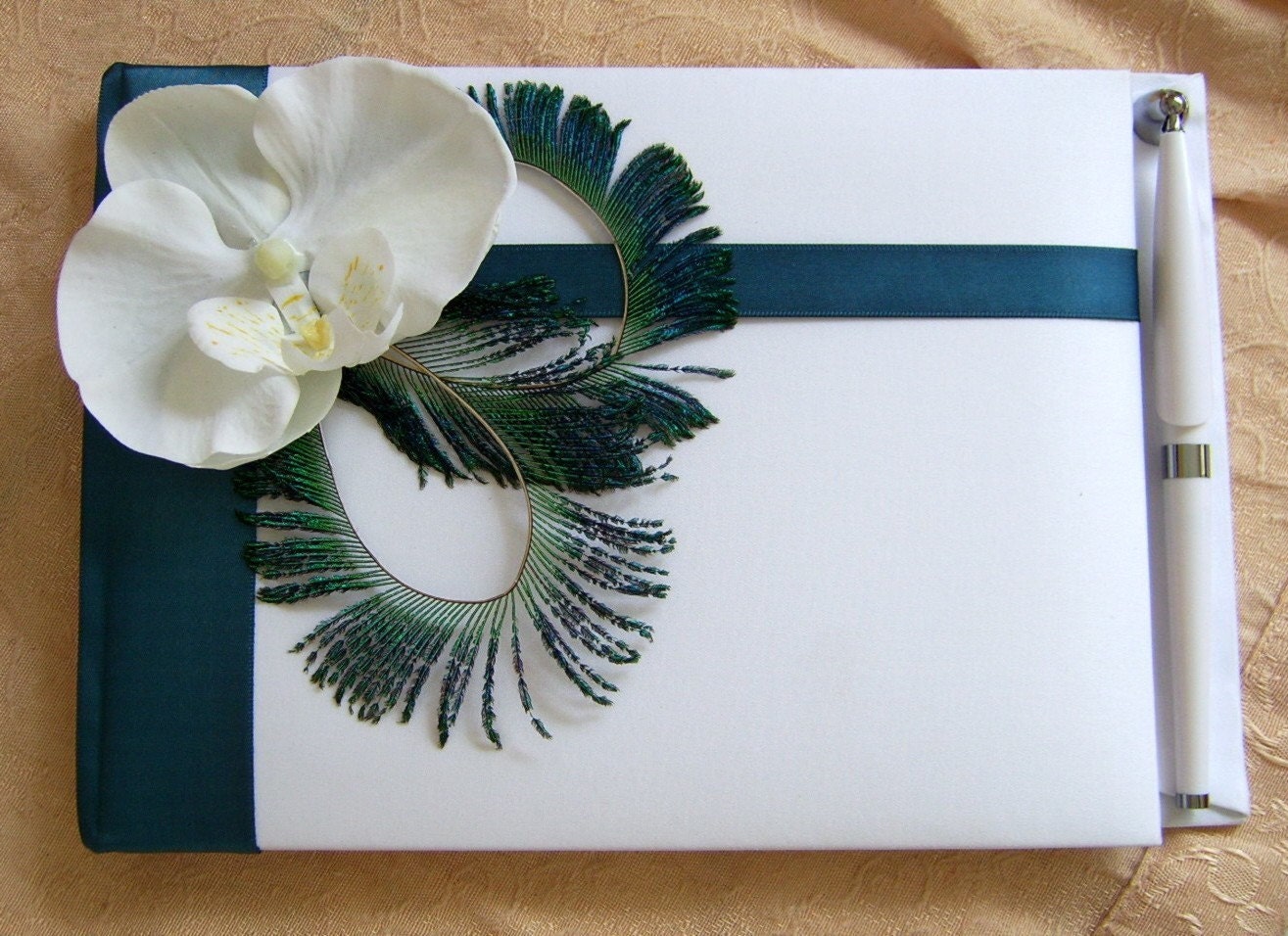 Peacock Feathers and Teal Wedding Color Guest Book With Pen