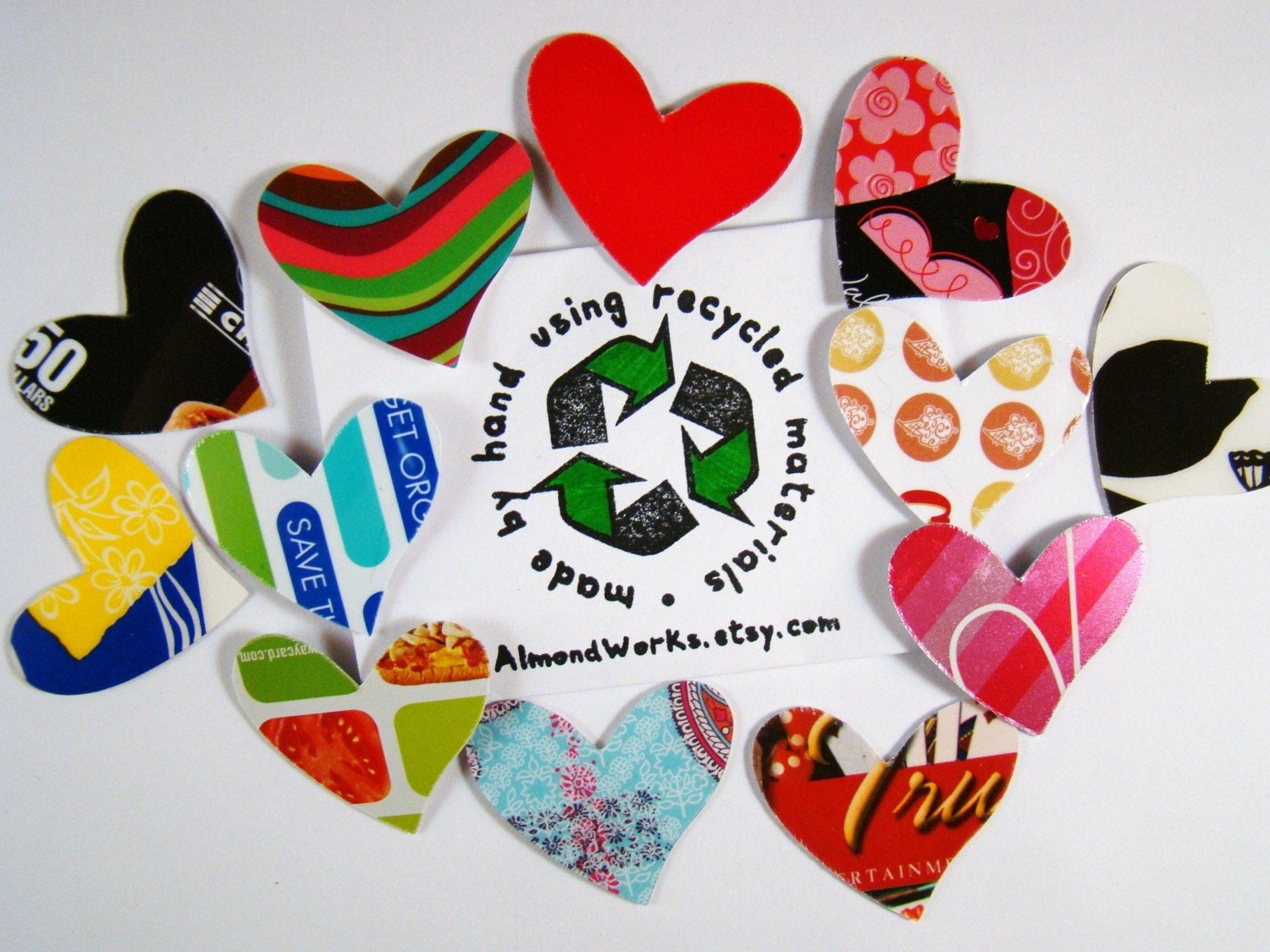 Heart Shaped Embellishments made from Reclaimed Gift Cards  (qty.12)