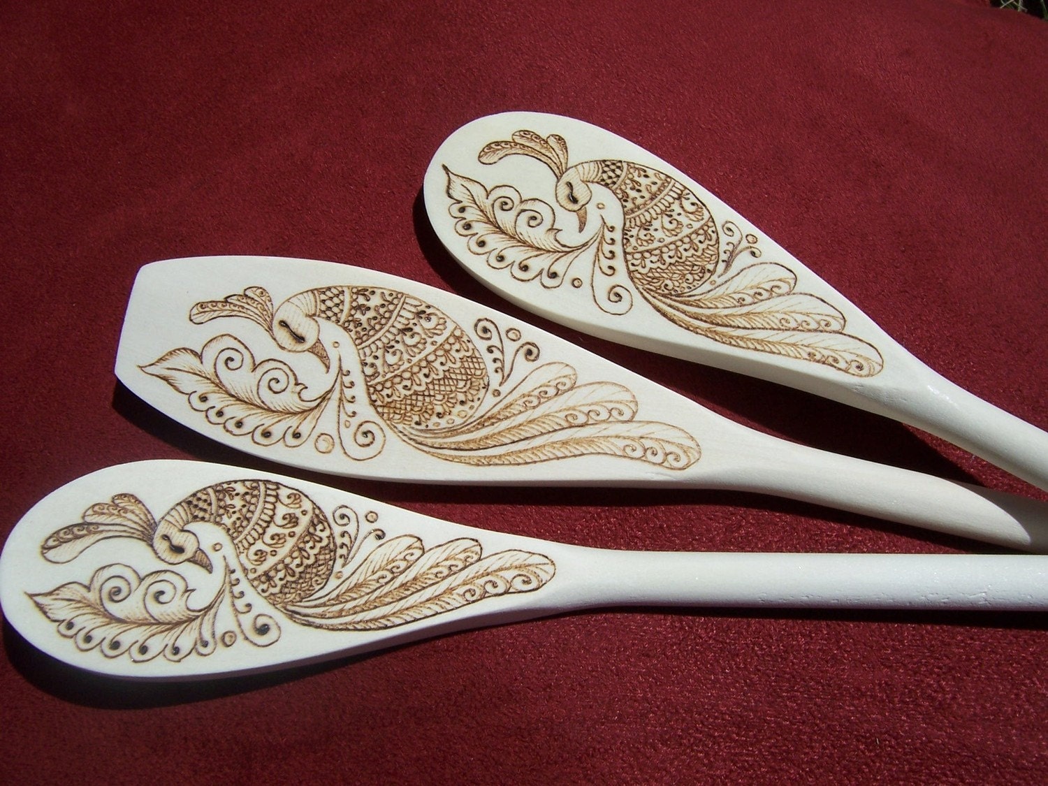 Peacock with Leaf Henna Inspired Wooden Spoon Set - Made To Order
