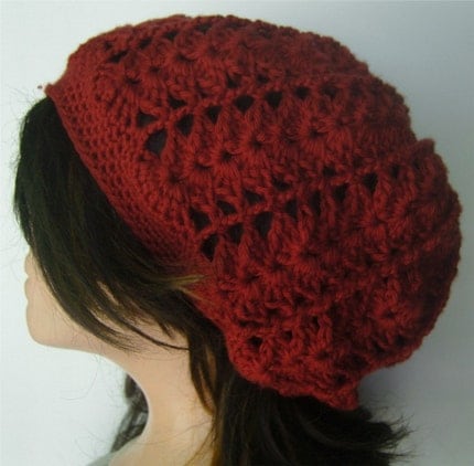 Slouchy Tam Beret Beanie - Lacy Crochet Scarlet Red