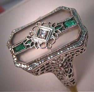 Antique Diamond Ring Vintage Art Deco Rock Crystal White Gold Filigree