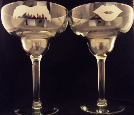 His and Hers Mustache and Lips Margarita glasses by Jackglass on Etsy