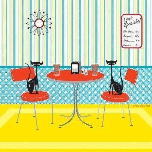Kitschy Cats - Retro Diner Cat Print by Kerry Beary