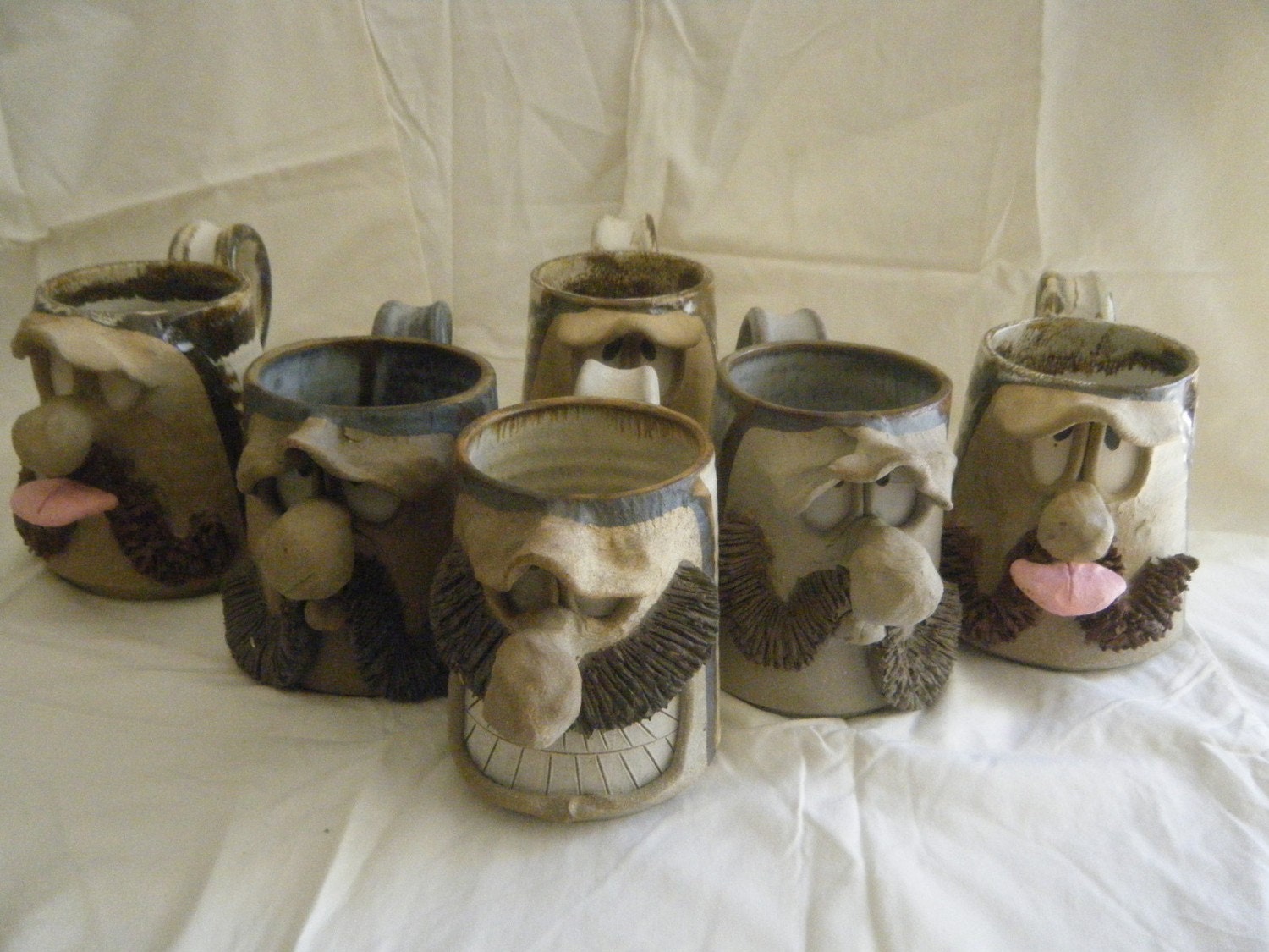Big Nose Moustache Man Pottery Coffee Mugs Set of 6