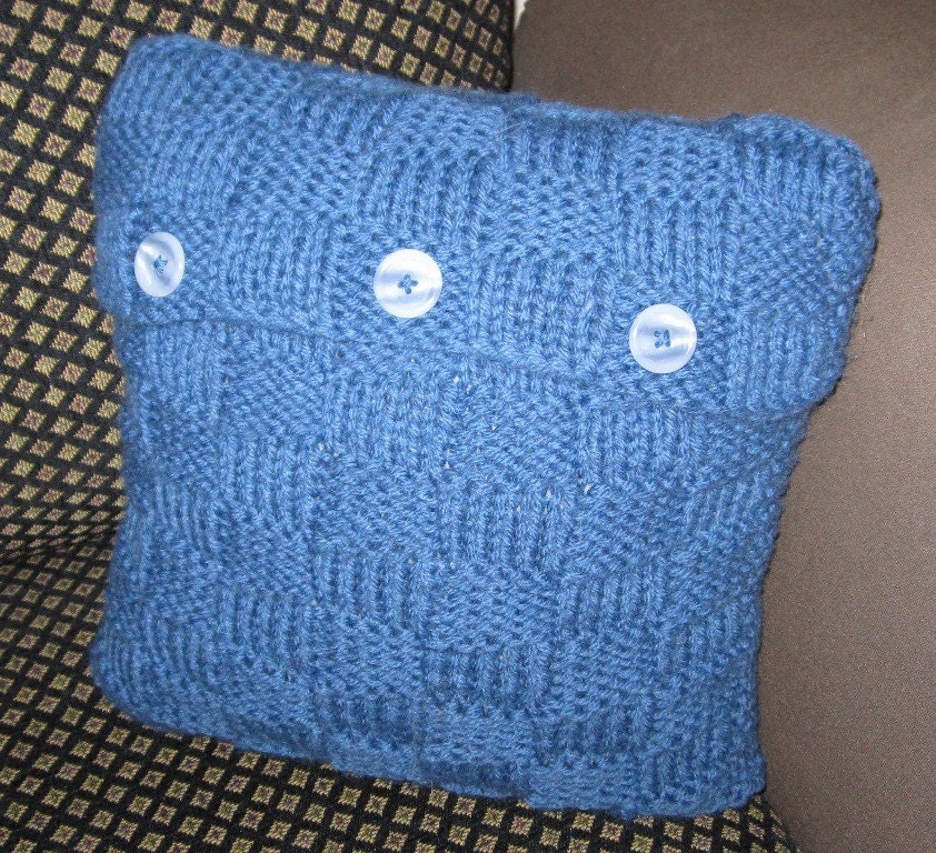 knit pillow, acrylic/wool blend (blue) 14x14