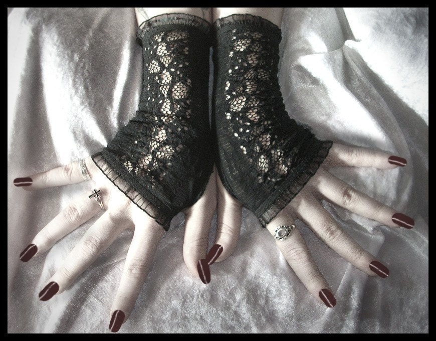 Ode to Revenge Lace Fingerless Gloves in Black for Gothic, Vampire, Noir, Tribal Fusion, Belly Dance, Steampunk, Lolita, Evening, Victorian, Boho Styles