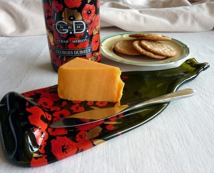 Slumped Wine Bottle Cheese Plate with Red Flowers