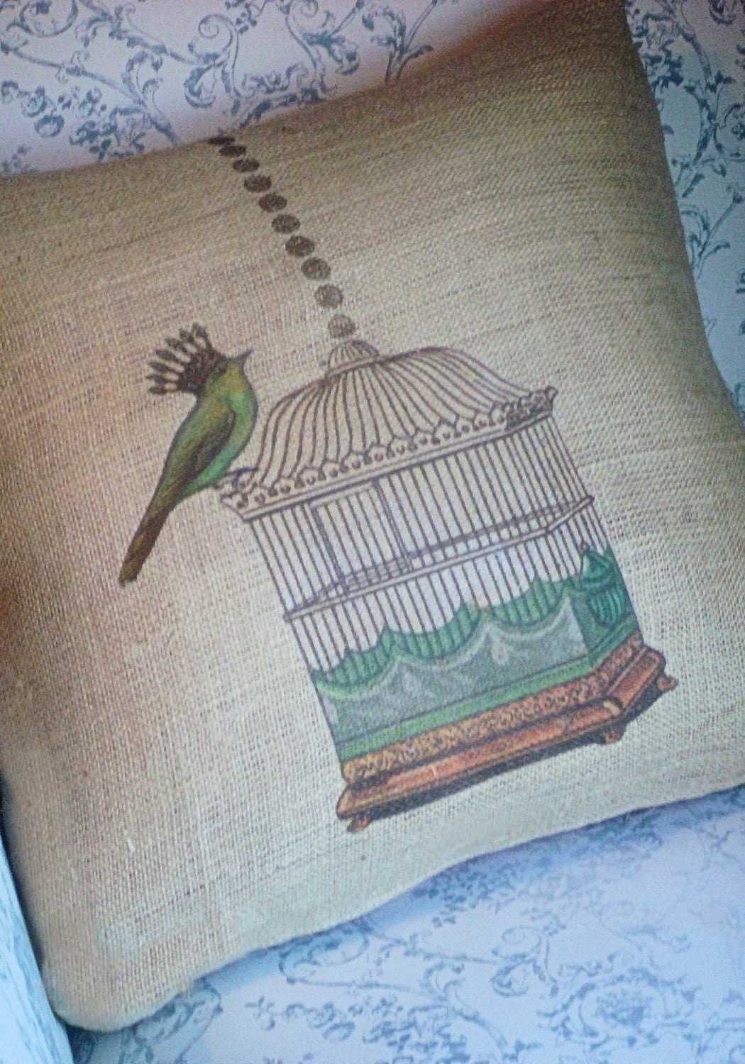 Whimsical Birdcage Burlap Pillow Slip