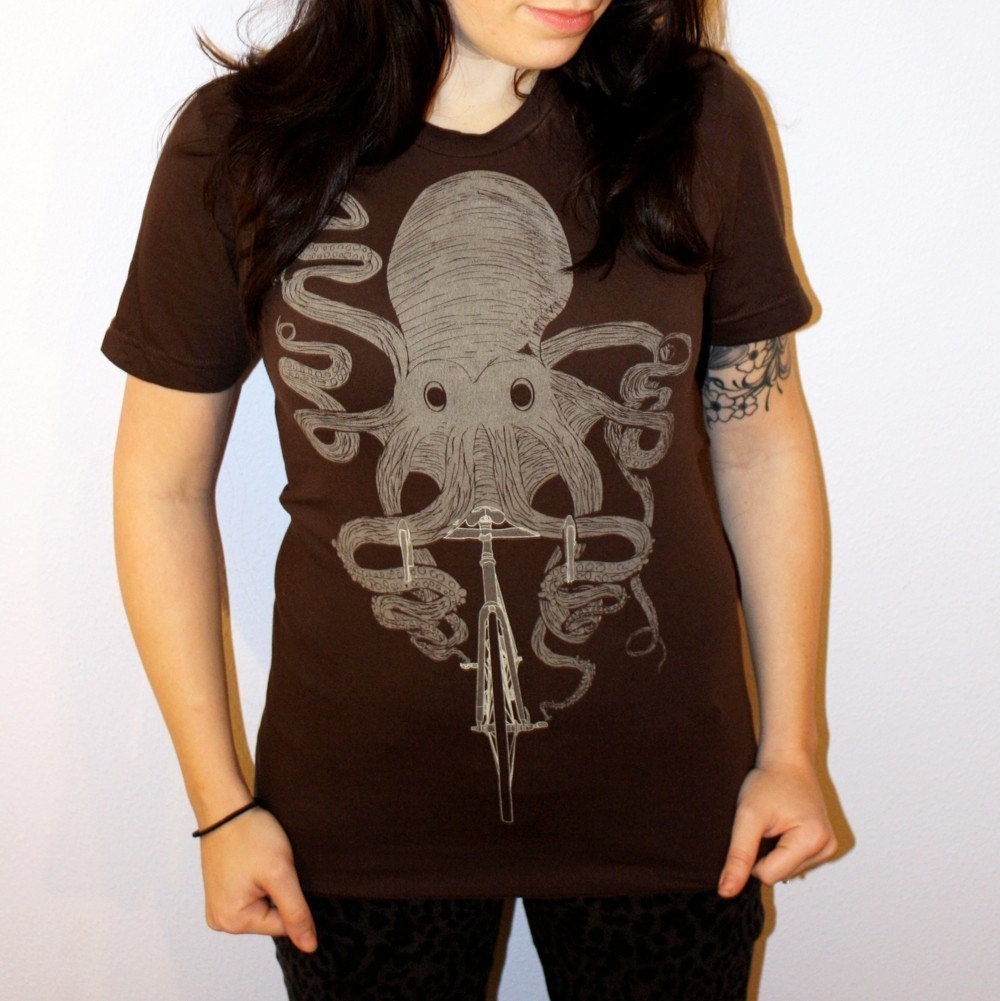 Octopus on a Bike - American Apparel - Brown - TShirt - FREE SHIPPING - Available in XS, S, M, L and XL