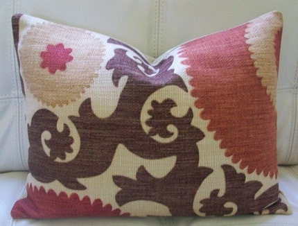 Decoratve Designer Lumbar Pillow Cover 12X16 - Suzani Pattern - Brick Red, Taupe and Brown  on a Textured Linen Background