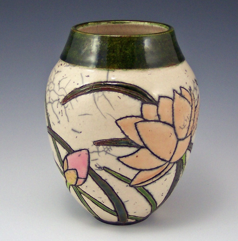 Lotus Garden Webb Raku Pottery Vase 6 7/8 H