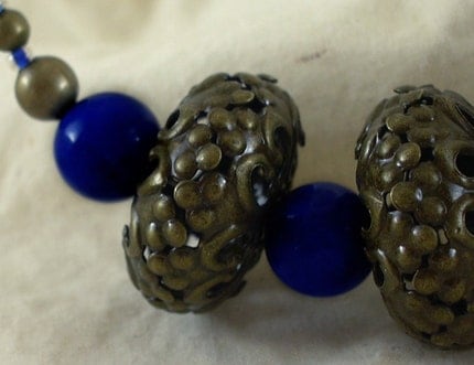 Sapphire blue stone bead, brass rondelles and round beads necklace