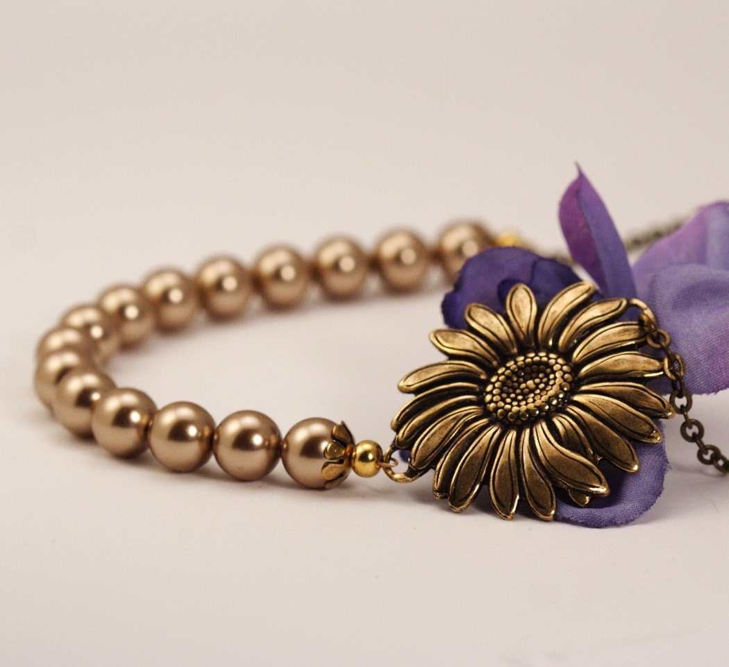 Vintage Style Sunflower Bloom Necklace - Bronze Pearls and Antique Gold