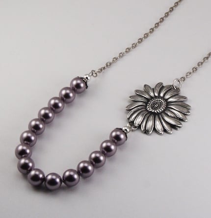 Vintage Style Sunflower Bloom Necklace - Mauve Pearls and Antique Silver