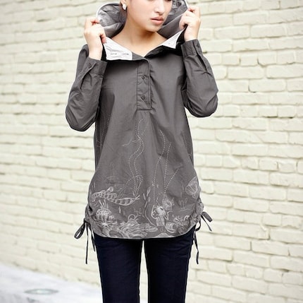Gray hooded printing double cap jacket
