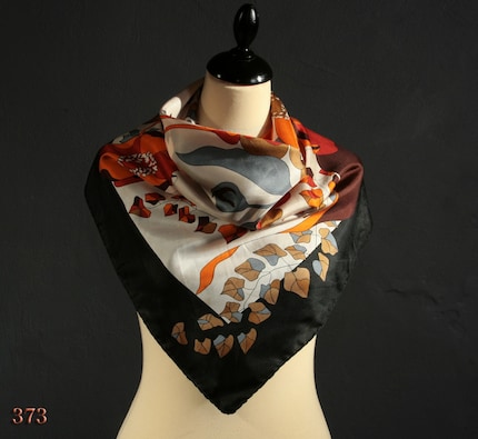 Vintage 70s autumnal pure BLACK SILK floral scarf with ORANGE and BROWN poppy, hand rolled edges