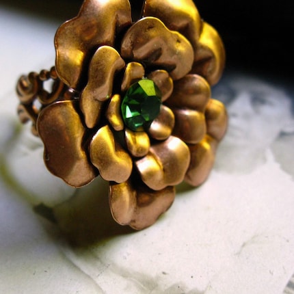 Vintage Inspired Copper Rhinestone Flower Ring