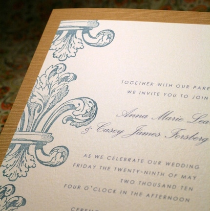 Fleur de lis Wedding Invitation in slate blue by Golden Silhoutte