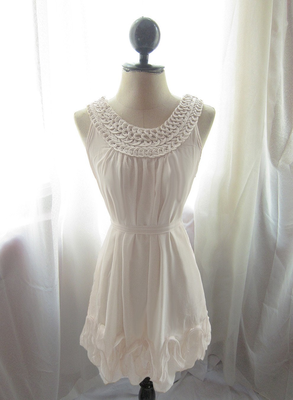 Grecian Romantic Rosette Woven Goddess Dreamy White Chiffon Dress.