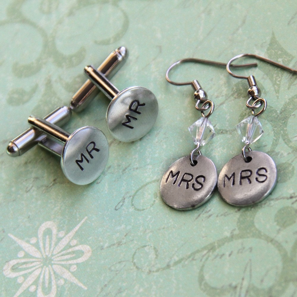 MR and MRS Gift Set .. silver cuff links and crystal dangle earrings