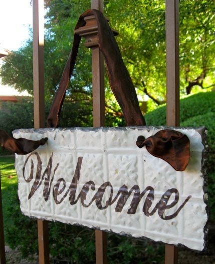 WELCOME Sign made with Antique Ceiling Tin Tile / Architectural Salvage Home Decor // READY TO SHIP //