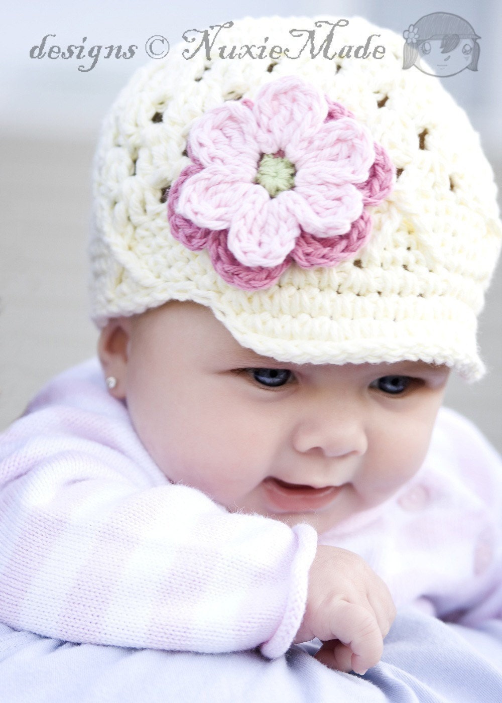0-3 months Flower Beanie with Brim -ivory, rose, pink, celery