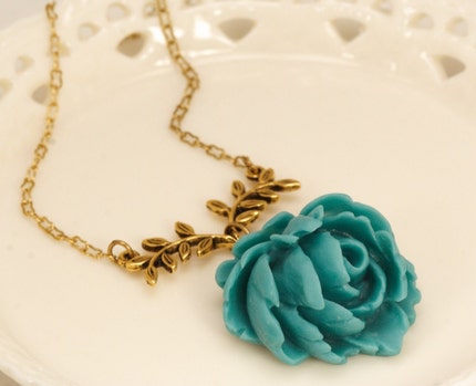 Free Shipping - Turquoise Rose and Gold Fern Necklace