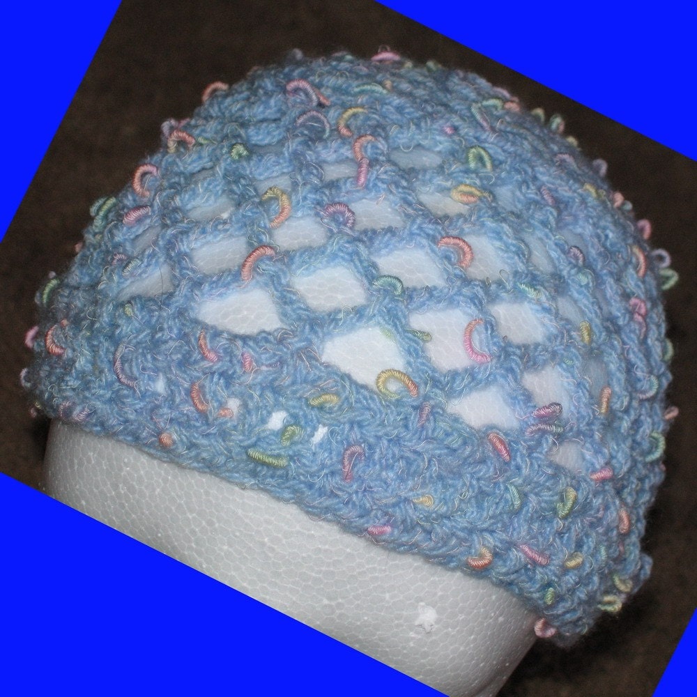 Light Blue Cloche, Juliet Cap, adorable squiggles of pink, green and yellow