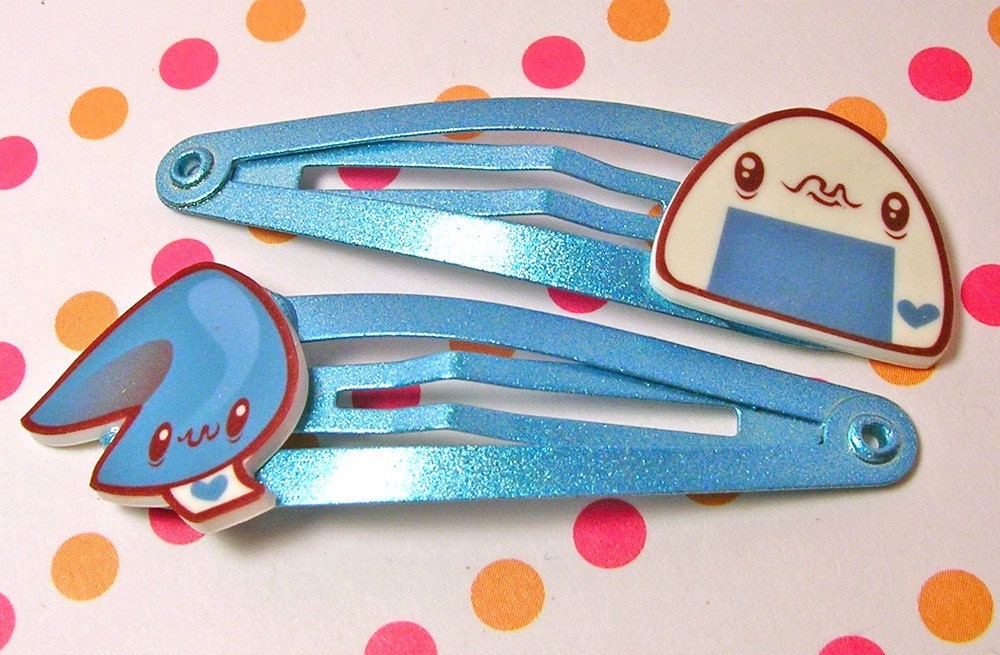 Blue Onigiri and Fortune Cookie Hair Clips