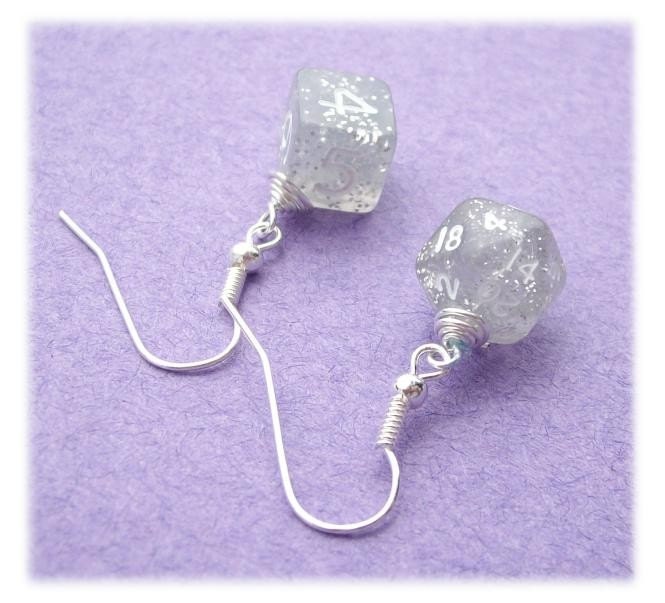 artisian, buy handmade, d n d, die, dungeons dragons, earring, earrings, etsy, game, geekery, independant artist, indie, jewelry, mini, pawandclawdesigns, rpg, silver glitter, silver plated, wire