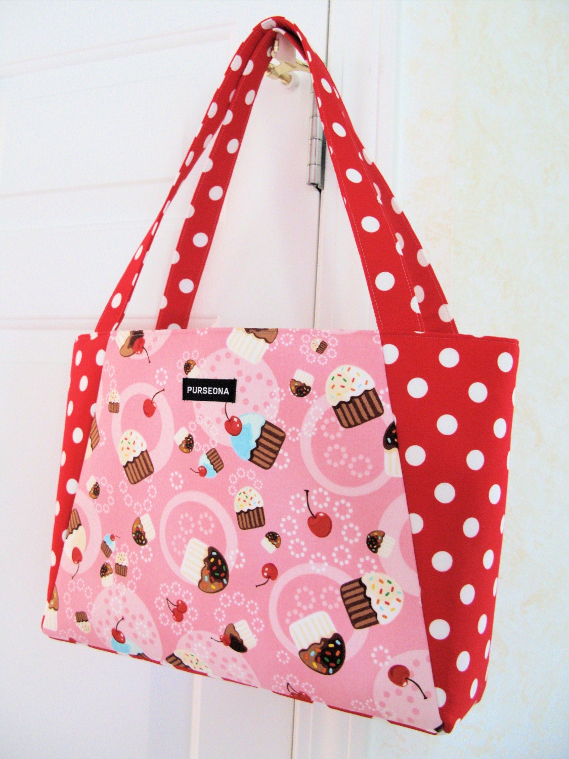 Cherry on top cupcake handbag/ tote with Michael miller fabrics.