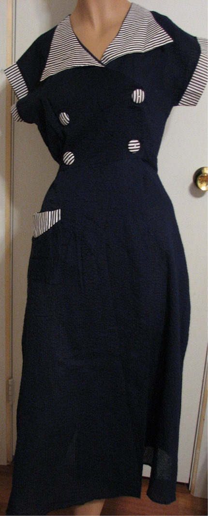 Dress Vintage Day Seersucker Lucy Navy Blue Cardinal Cotton Frock Nautical  by foofoogal on Etsy