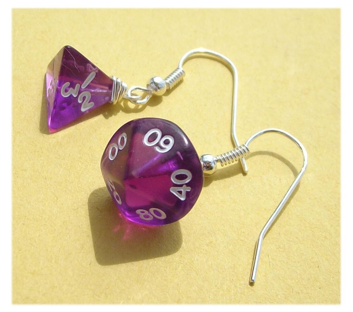 handmade earrings die dice rpg d n d geekery purple