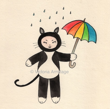 Hand-coloured kitten in the rain ACEO mini art card
