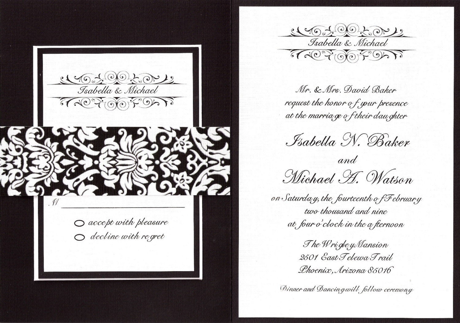A gorgeous black and white damask wedding invitation
