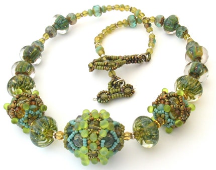 Harvest Jewels Beaded Bead and Borosilicate Glass Necklace -- Leaves