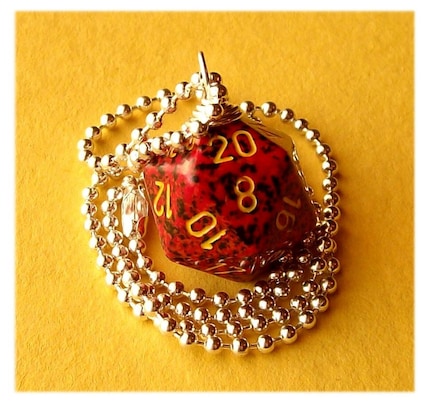 geekery, dice, die, geek, game, dnd, jewelry, necklace, pendant, dungeons dragons, pawandclawdesigns, red, black, yellow