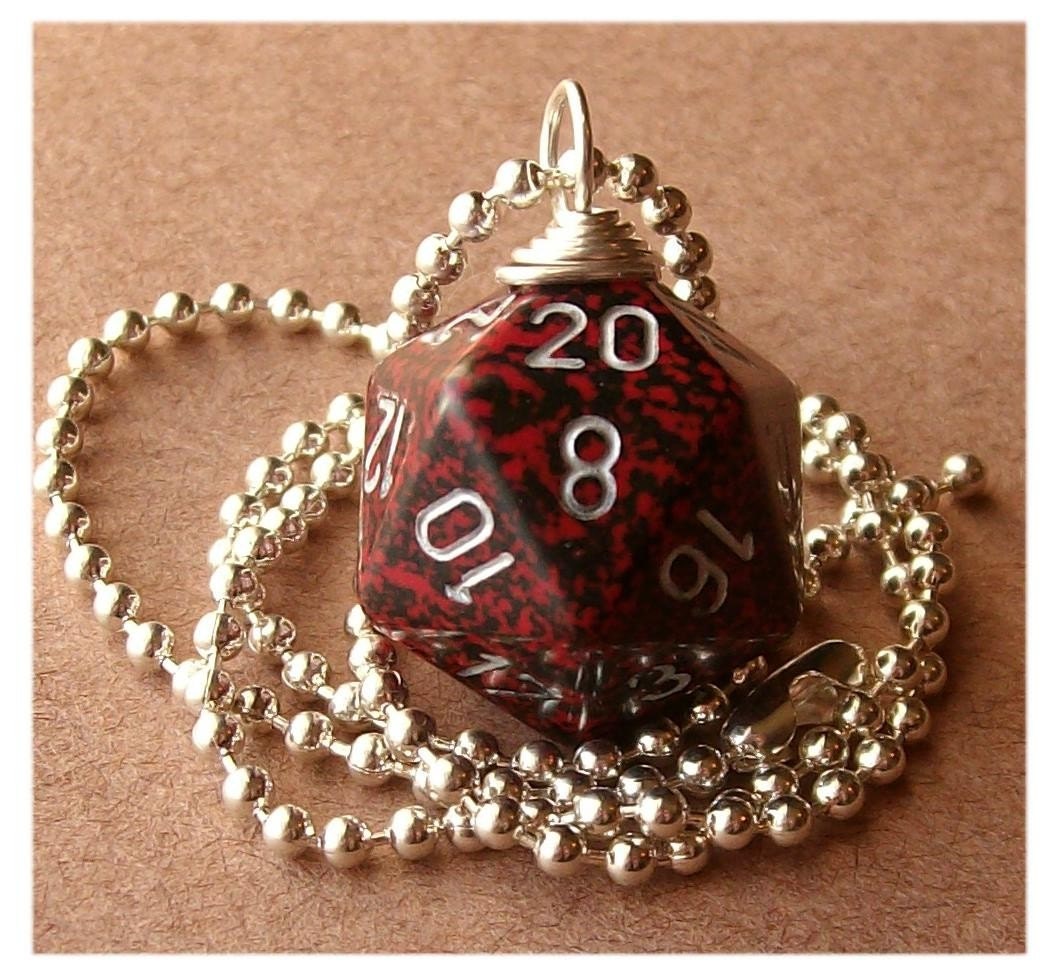 geekery, dice, die, geek, game, dnd, jewelry, necklace, pendant, accessory, dungeons dragons, pawandclawdesigns, red, black